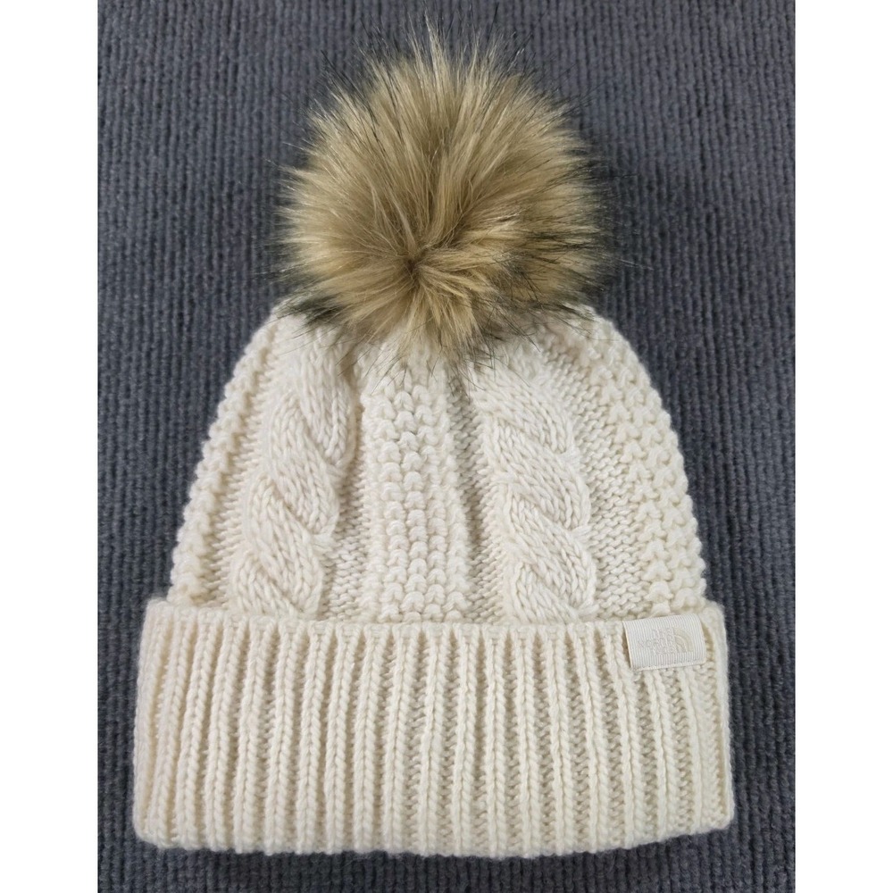 The North Face Womens Oh Mega Fur Pom Beanie White Dune Cable Knit Hat